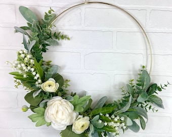 Lily Of The Valley Hoop Wreath,Lily Of The Valley Boho Decor,Neutral Ranunculus Wreath,Minimalist Eucalyptus lambs Ear Everyday Wreath