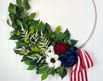 Modern 4th of July Wreath,Patriotic Front Door Wreath,Red White Blue Hoop Wreath,Memorial Day Decor,Asymmetrical Americana Wreath