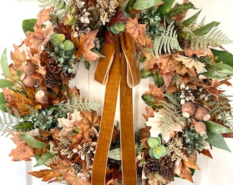 Neutral Fall Pumpkin Wreath,Autumn Fern Front Door Wreath,Fall Maple Leaves Wreath,Elegant Fall Pinecone Wreath,Autumn Eucalyptus Wreath