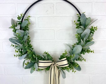 Spring Front Door Eucalyptus and Lambs Ear Wreath,Modern Farmhouse Door Decor,Minimalist Greenery Hoop Wreath,Simple Neutral Hoop Wall Decor