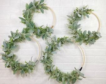 Modern Eucalyptus & Lambs Ear Hoop Wreath,Farmhouse Style Greenery Wreath,Minimalist All Season Wall Decor,Boho Nursery Wreath,Neutral Door