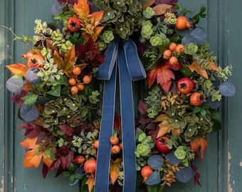 Corona grande de granadas de otoño, elegante corona de magnolias de otoño, corona de bayas de otoño para la puerta principal, corona de hortensias, colorida corona de otoño de Williamsburg