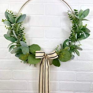 Spring Front Door Eucalyptus and Lambs Ear Wreath,Modern Farmhouse Door Decor,Minimalist Greenery Hoop Wreath,Simple Neutral Hoop Wall Decor image 9