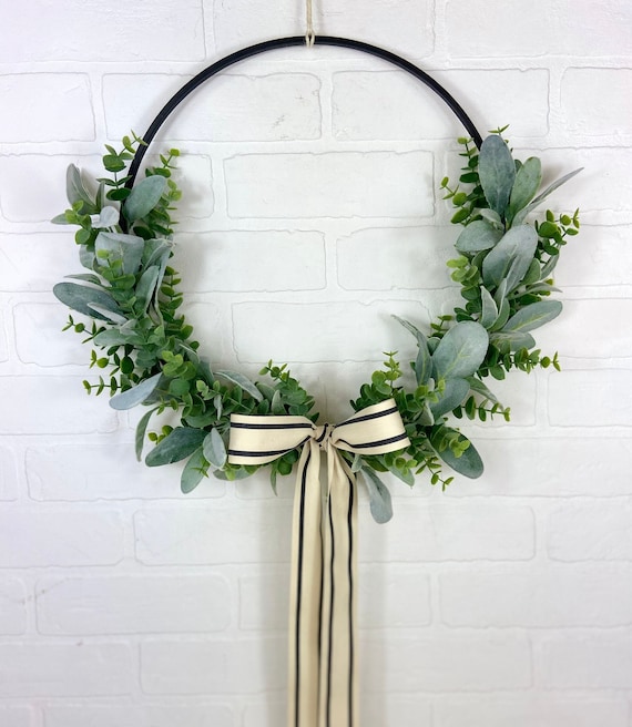 Spring Summer Eucalyptus and Lambs Ear Wreath,Modern Farmhouse Front Door Decor,Minimalist Greenery Hoop Wreath,Simple Neutral Wall Decor