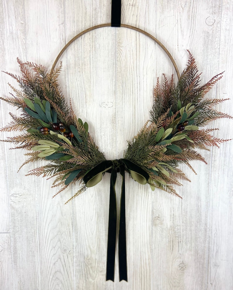 Winter Olive Front Door Wreath,Olive Branch Hoop Wreath,Modern Farmhouse All Season Olive Branch Wall Decor,Minimalist Hoop Wreath Wreath Olive Velvet