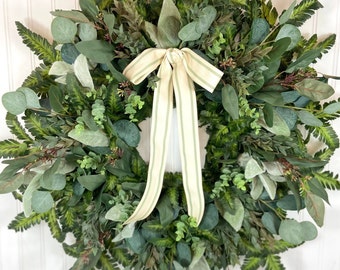 Mixed Greenery Front Door Wreath,Summer Eucalyptus Wreath,Extra Large Spring Lambs Ear Wreath,Cottage Style Fern Wreath,Queen Annes Wreath,