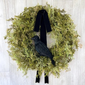 Enchanted Halloween Moss Wreath,Raven Front Door Decor,Fall Spanish Moss Wreath,Eerie Halloween Mossy Wreath,Moody Cottage Crow Wreath