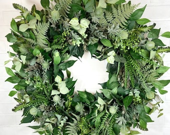 Mixed Summer Greenery Wreath,Spring Green Fern Front Door Wreath,Large Elegant Thistle Wreath,Modern Eucalyptus Wreath,Neutral Grass Wreath