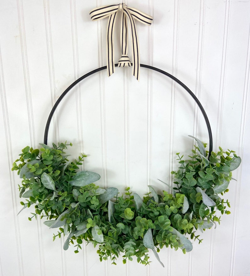 Modern Spring Eucalyptus Hoop Wreath,Minimalist Door Wreath,Modern Farmhouse Wall Decor,Neutral All Season Greenery Wreath,Boho Hoop Wreath image 3