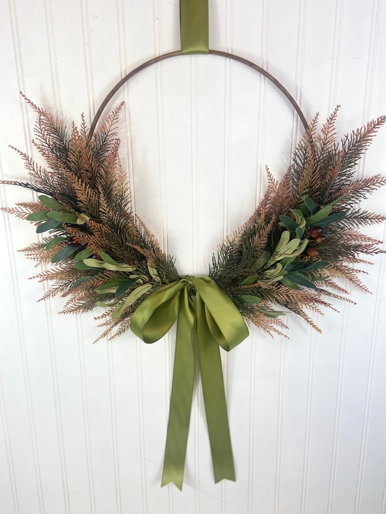 Winter Olive Front Door Wreath,Olive Branch Hoop Wreath,Modern Farmhouse All Season Olive Branch Wall Decor,Minimalist Hoop Wreath Wreath Moss Green Satin