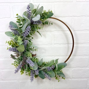 Lavender Hoop Wreath,Modern Summer Lavender Wreath,Spring Lambs Ear Wreath,Farmhouse Front Door Decor,Simple Eucalyptus Door Wreath,Mom Gift image 3