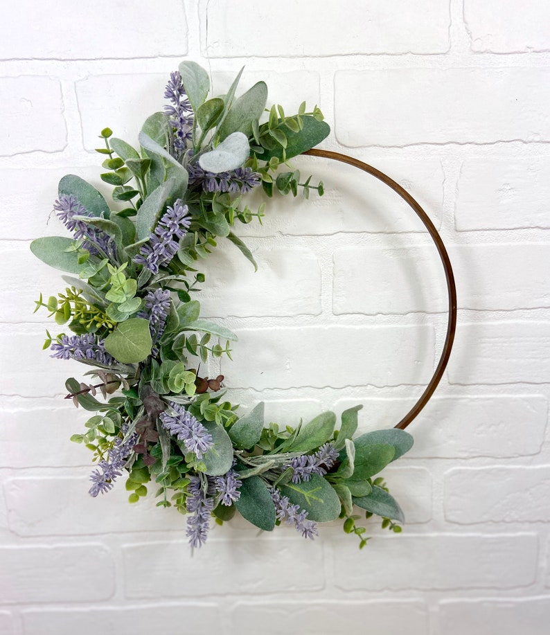 Lavender Hoop Wreath,Modern Summer Lavender Wreath,Spring Lambs Ear Wreath,Farmhouse Front Door Decor,Simple Eucalyptus Door Wreath,Mom Gift zdjęcie 3