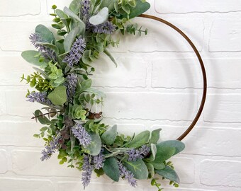 Lavender Hoop Wreath,Modern Summer Lavender Wreath,Spring Lambs Ear Wreath,Farmhouse Front Door Decor,Simple Eucalyptus Door Wreath,Mom Gift