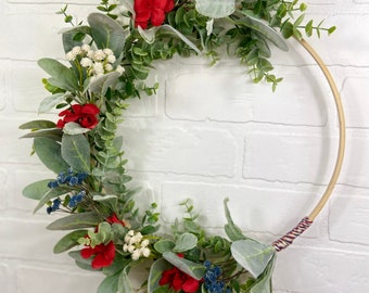 Patriotic Wreath,Memorial Day Wreath,4th of July Hoop Wreath,Red White Blue,Patriotic Fourth of July Decor, Summer Wreath,American Wreath