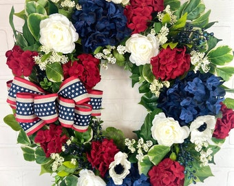 4th of July Front Door Wreath,Elegant Patriotic Wreath,Red White Blue Hydrangea Wreath,Memorial Day Boxwood Wreath,Modern Americana Wreath