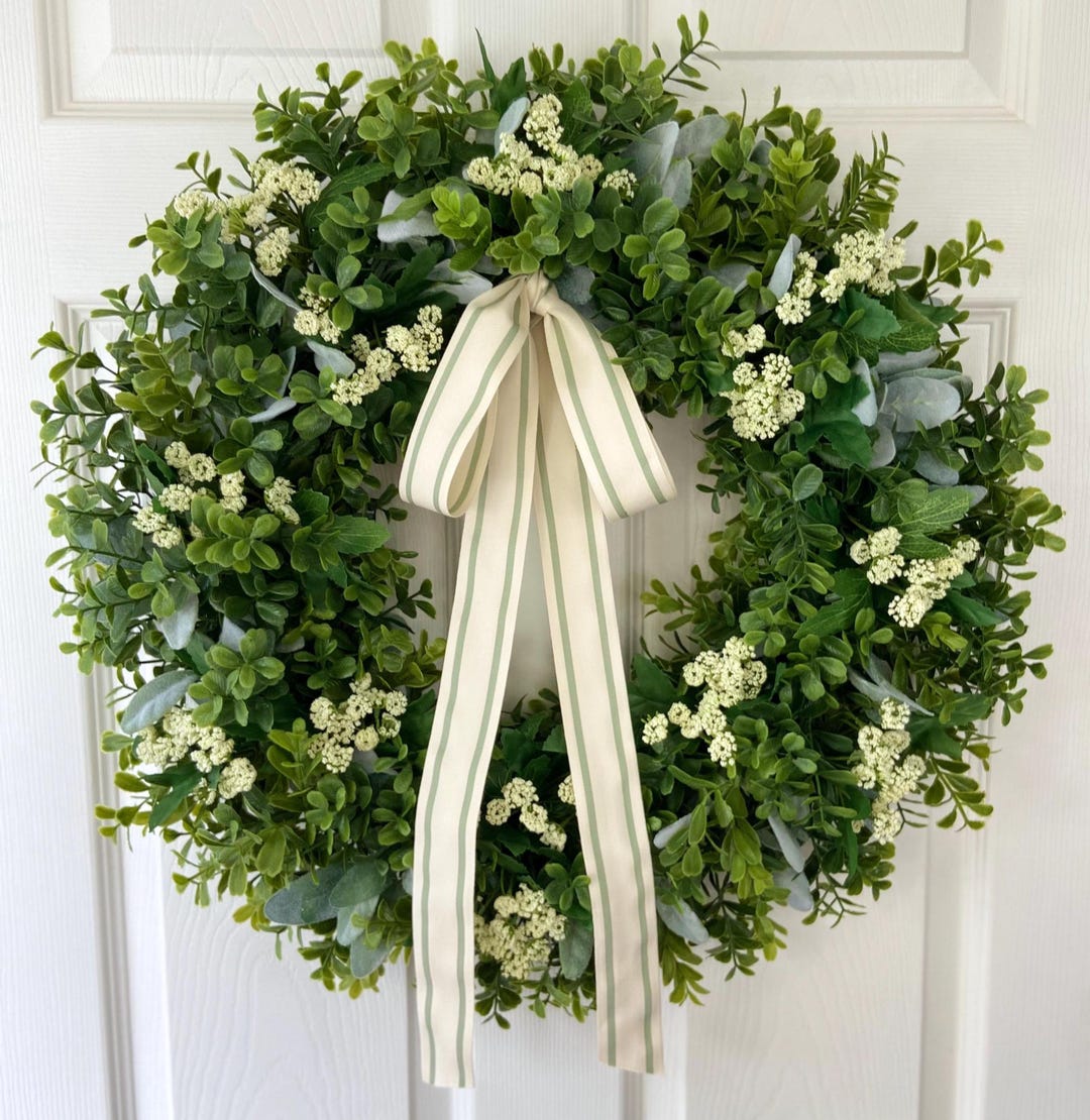 Spring Queen Annes Lace Wreath,Boxwood Greenery Wreath,Cottage Style Front Door Wreath,Modern Farmhouse Door Decor,Summer Wedding Wreath - Queens Lace/Sage Bow