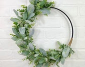 Lambs Ear Hoop Wreath,Simple Wooden Hoop Wreath,Modern Farmhouse Wall Decor,Farmhouse Fall Wreath, Eucalyptus Wreath,Minimalist Decor