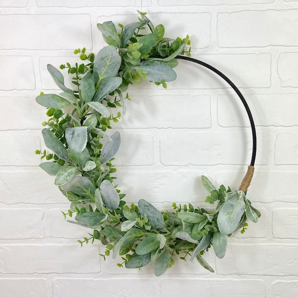 Modern Lambs Ear Hoop Wreath,Spring Greenery Hoop Wreath,Modern Farmhouse Wall Decor,Neutral Greens Door Wreath,Minimalist Eucalyptus Wreath