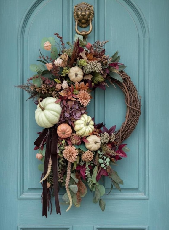 Bohemian Fall Pumpkin Wreath,Fall Boho Door Wreath,Mixed Pumpkin Wreath,Asymmetrical Elegant Autumn Wreath,Moody Pink fall Wreath