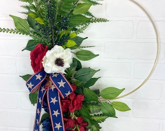Patriotic Front Door Wreath,Red White Blue Wreath,Modern 4th of July Wreath,Fourth of July Decor,Star Hoop Wreath,Modern Americana Wreath