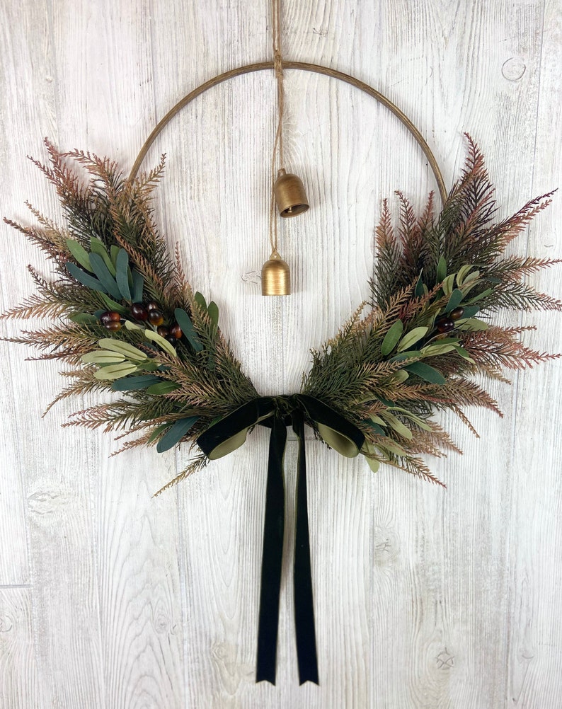 Winter Olive Front Door Wreath,Olive Branch Hoop Wreath,Modern Farmhouse All Season Olive Branch Wall Decor,Minimalist Hoop Wreath Wreath Olive Vlvt W/ Bells