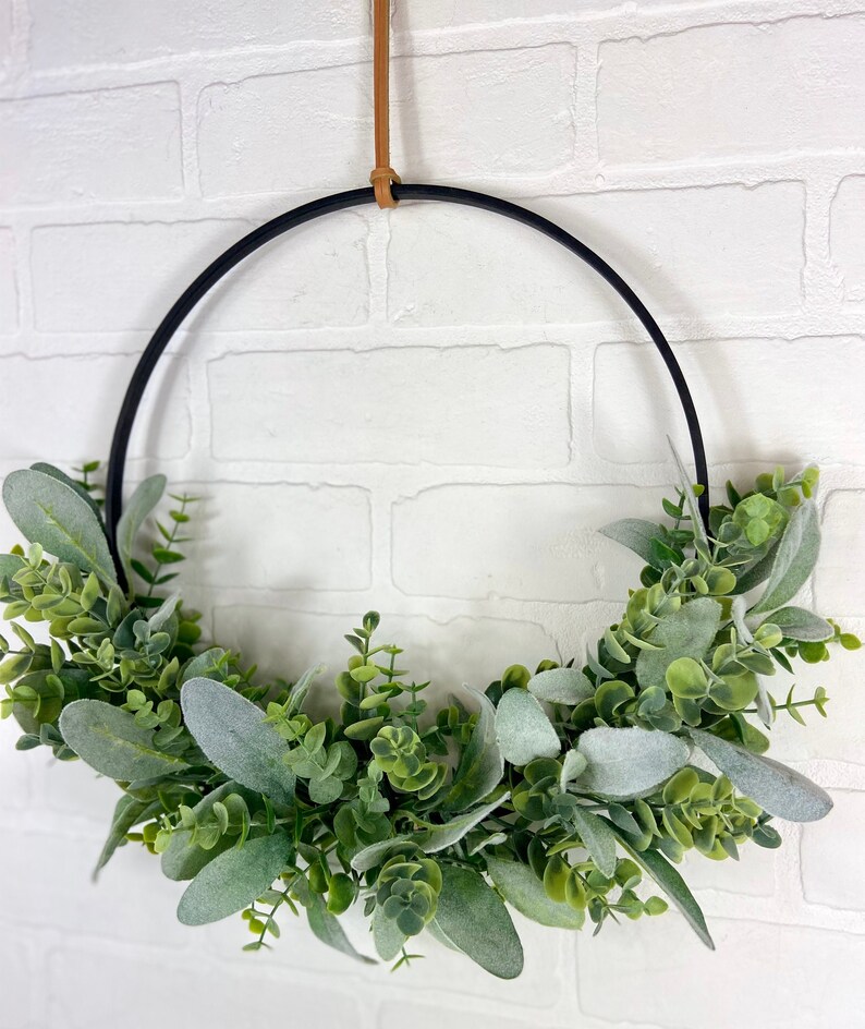 Modern Spring Eucalyptus Hoop Wreath,Minimalist Door Wreath,Modern Farmhouse Wall Decor,Neutral All Season Greenery Wreath,Boho Hoop Wreath image 7