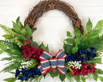 Couronne de porte d'entrée patriotique, couronne d'étoile du 4 juillet, décor du 4 juillet, rouge blanc bleu, couronne de la fête de l'indépendance, couronne américaine du 4 juillet