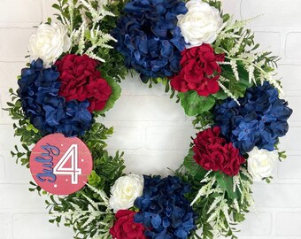 Modern 4th of July Wreath,Patriotic Front Door Wreath,Red White Blue Wreath,Fourth of July Boxwood Wreath,Americana Wreath,Hydrangea Wreath