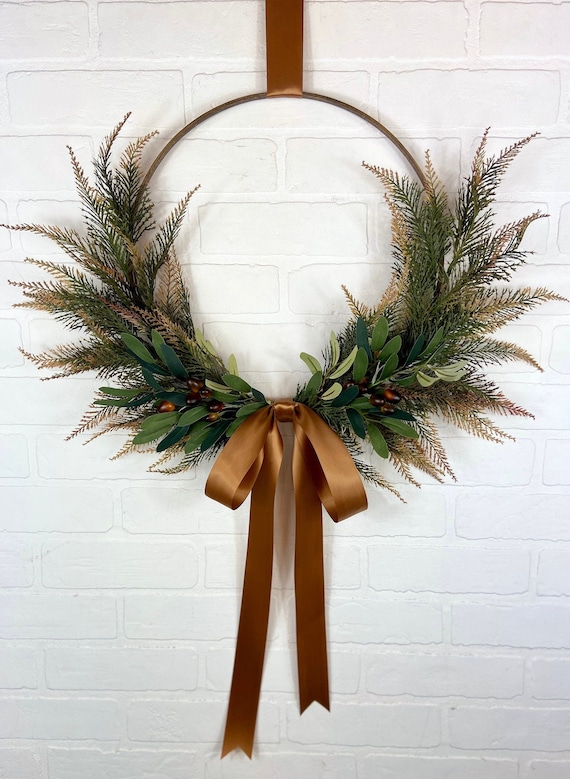 Olive Front Door Wreath,Neutral Olive Branch Hoop Wreath,Modern Farmhouse Olive Branch Wall Decor,Winter Hoop Wreath, Holiday Hoop wreath
