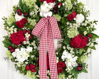 Garden Fruit Wreath,Cherry Hydrangea Front Door Wreath,Boxwood & Red Geranium Summer Wreath,Queen Anne's Lace,Cottage Farmhouse Porch Decor