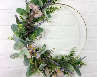 Lavender Wreath,Modern Summer Lavender Hoop Wreath,Mom Gift,Lambs Ear Wreath,Farmhouse Lavender Front Door Decor,Minimal Eucalyptus Wreath