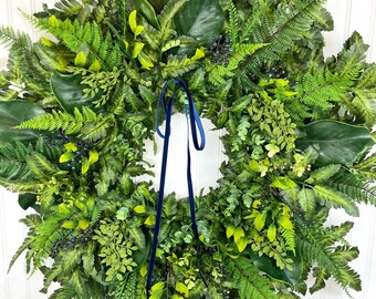 Spring Blue Berry Wreath,Large Fern Front Door Wreath,Magnolia Mixed Greenery Wreath,Faux Fern Cottage Wreath,Modern Farmhouse Summer Decor,