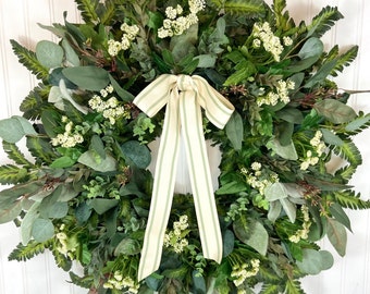 Queen Annes Lace Wreath,Summer Mixed Greenery Door Wreath,Eucalyptus Wreath,Extra Large Spring Fern Wreath,Cottage Style Lambs Ear Wreath