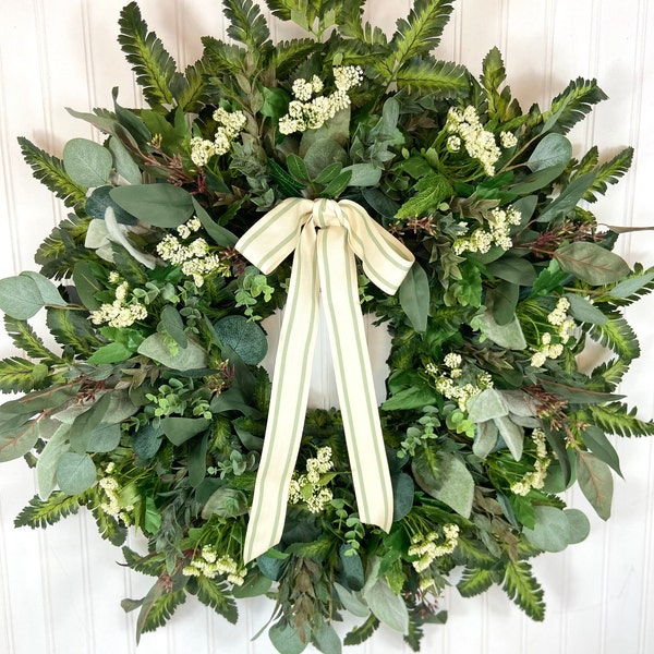 Queen Annes Lace Wreath,Summer Mixed Greenery Door Wreath,Eucalyptus Wreath,Extra Large Spring Fern Wreath,Cottage Style Lambs Ear Wreath