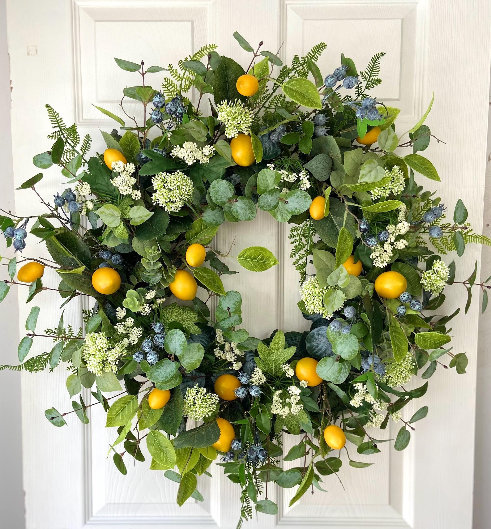 Large Lemon Blueberry Wreath,Cottage Garden Fern Wreath,Summer Lemon Wreath,Spring Queen Anne’s Lace Door Wreath,Farmhouse Eucalyptus Decor - No Ribbon, 24/26 Inches