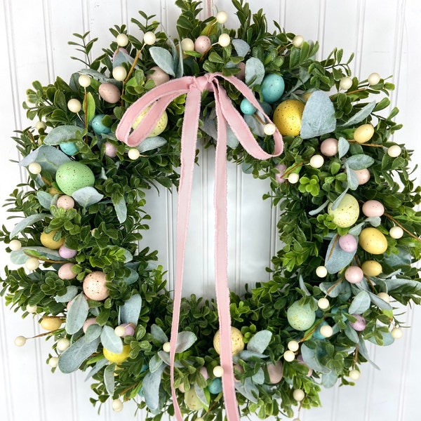 Modern Easter Egg Wreath,Easter Front Door Wreath,Simple Spring Easter Egg Wreath, Neutral Easter Decor,Minimalist Easter Egg,Boxwood Wreath