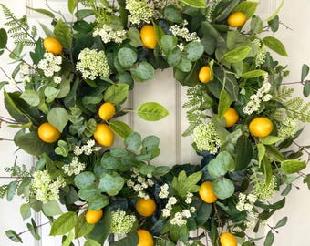 Large Lemon Eucalyptus Wreath,Cottage Garden Lemon Wreath,Summer Fern Wreath,Spring Queen Anne’s Lace Door Wreath,Farmhouse Lemon Decor