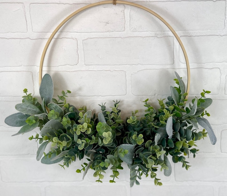 Modern Spring Eucalyptus Hoop Wreath,Minimalist Door Wreath,Modern Farmhouse Wall Decor,Neutral All Season Greenery Wreath,Boho Hoop Wreath Natural/Leather Hang
