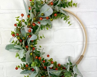 Fall Eucalyptus Hoop Wreath,Autumn Berry Wreath,Farmhouse Fall Wreath,Modern Farmhouse Wall Decor,Lambs Ear Wreath,Minimalist Fall Decor
