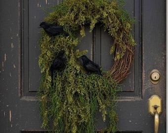 Halloween Enchanted Raven Wreath,Moody Spanish Moss Front Door Decor,Boho Fall Wreath,Eerie Halloween Mossy Wreath,Cottage Core Crow Wreath