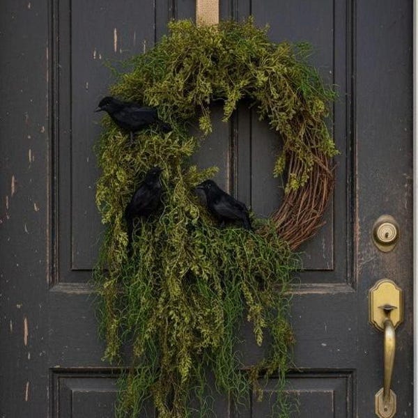 Halloween-Rabenkranz, stimmungsvolle Türdekoration mit spanischem Moos, Boho-Herbstkranz, unheimlicher Halloween-Mooskranz, Krähenkranz im Landhausstil