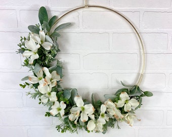 Magnolia Door Wreath,Baby's Breath Nursery Wreath,Modern Hoop Wreath, Front Door Decor,Wedding Wreath,Shabby Chic Decor, dogwood flowers