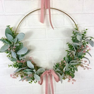 Modern Pink Boho Wreath,Mothers Day Gift,Baby Girl Nursery Wall Decor, Blush Pink Hoop Wreath,Mom Gift,Minimalist Summer Floral Wreath