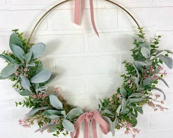 Couronne de fleurs bohème rose moderne, cadeau fête des mères, décoration murale pour chambre de bébé, couronne de cerceau rose poudré, cadeau maman, couronne de fleurs d'été minimaliste