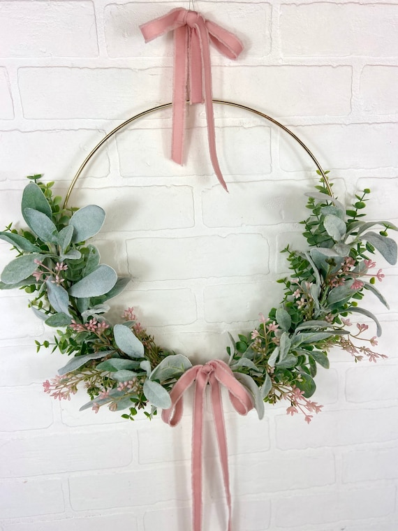 Modern Pink Boho Wreath,Mothers Day Gift,Baby Girl Nursery Wall Decor, Blush Pink Hoop Wreath,Mom Gift,Minimalist Summer Floral Wreath