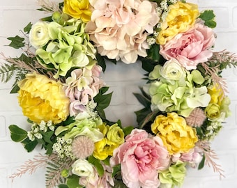 Spring Hydrangea Wreath,Romantic Peony Door Wreath,Modern Summer Pink Flower Wreath,Garden Style Floral Wreath,Ranunculus,Mothers Day Gift