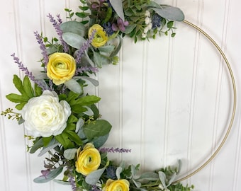 Modern Summer Lavender Hoop Wreath,Spring Flower Wreath,Baby's Breath Wreath,Farmhouse Door Decor,Garden Flower Hoop,Mothers day Wreath