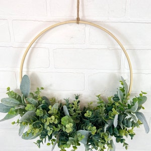 Modern Spring Eucalyptus Hoop Wreath,Minimalist Door Wreath,Modern Farmhouse Wall Decor,Neutral All Season Greenery Wreath,Boho Hoop Wreath Natural/Twine Hanger