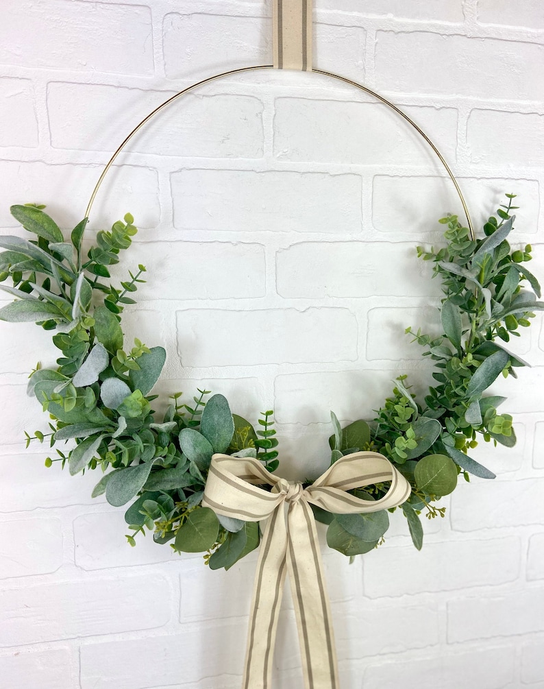 Spring Front Door Eucalyptus and Lambs Ear Wreath,Modern Farmhouse Door Decor,Minimalist Greenery Hoop Wreath,Simple Neutral Hoop Wall Decor image 10