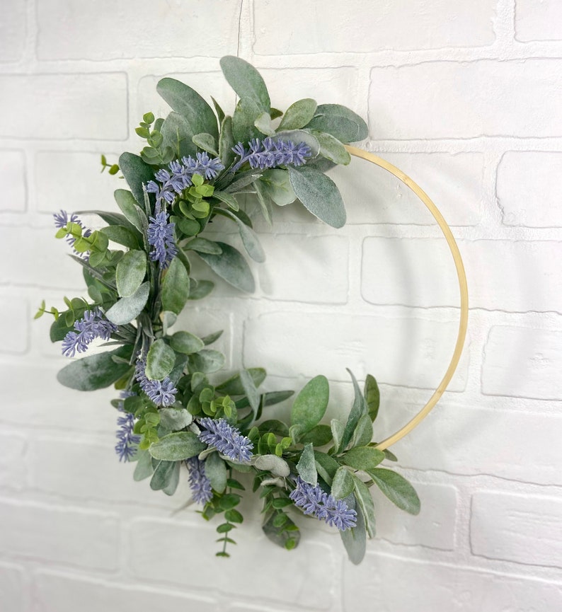 Lavender Hoop Wreath,Modern Summer Lavender Wreath,Spring Lambs Ear Wreath,Farmhouse Front Door Decor,Simple Eucalyptus Door Wreath,Mom Gift image 4